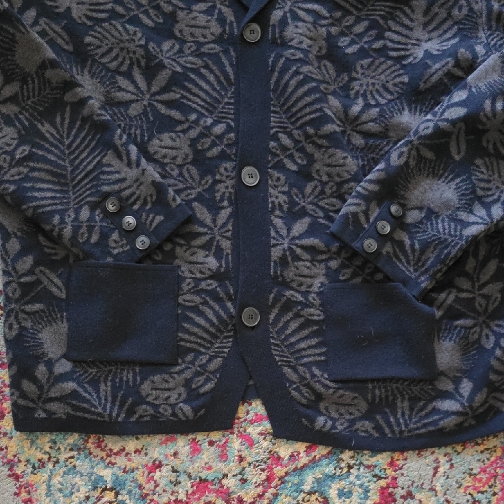 Paul Fredrick Navy and Charcoal Floral Jacquard Cardigan - Picture 2 of 6